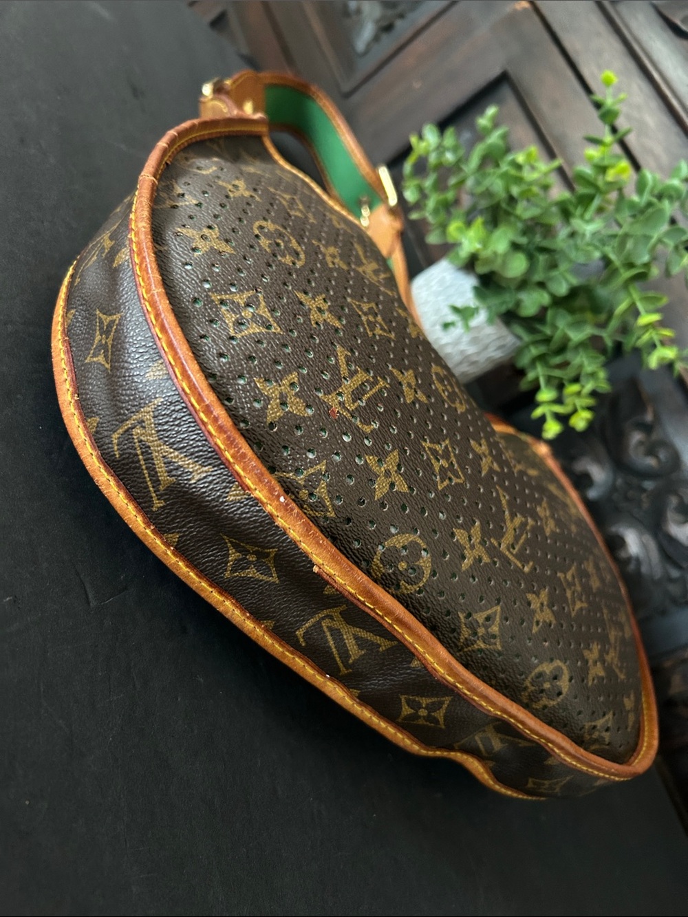 Beautiful Brown Monogram Shoulder Bag with Green Accents - Picture 5 of 17